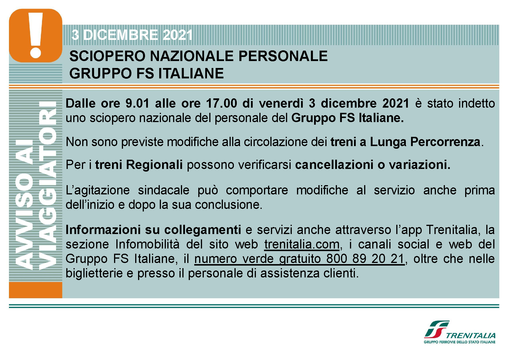 3 Dicembre, sciopero nazionale Gruppo FS Italiane