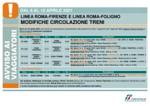 Dal 6 al 15 aprile: linea Roma-Firenze e linea Roma-Foligno modifiche circolazione treni