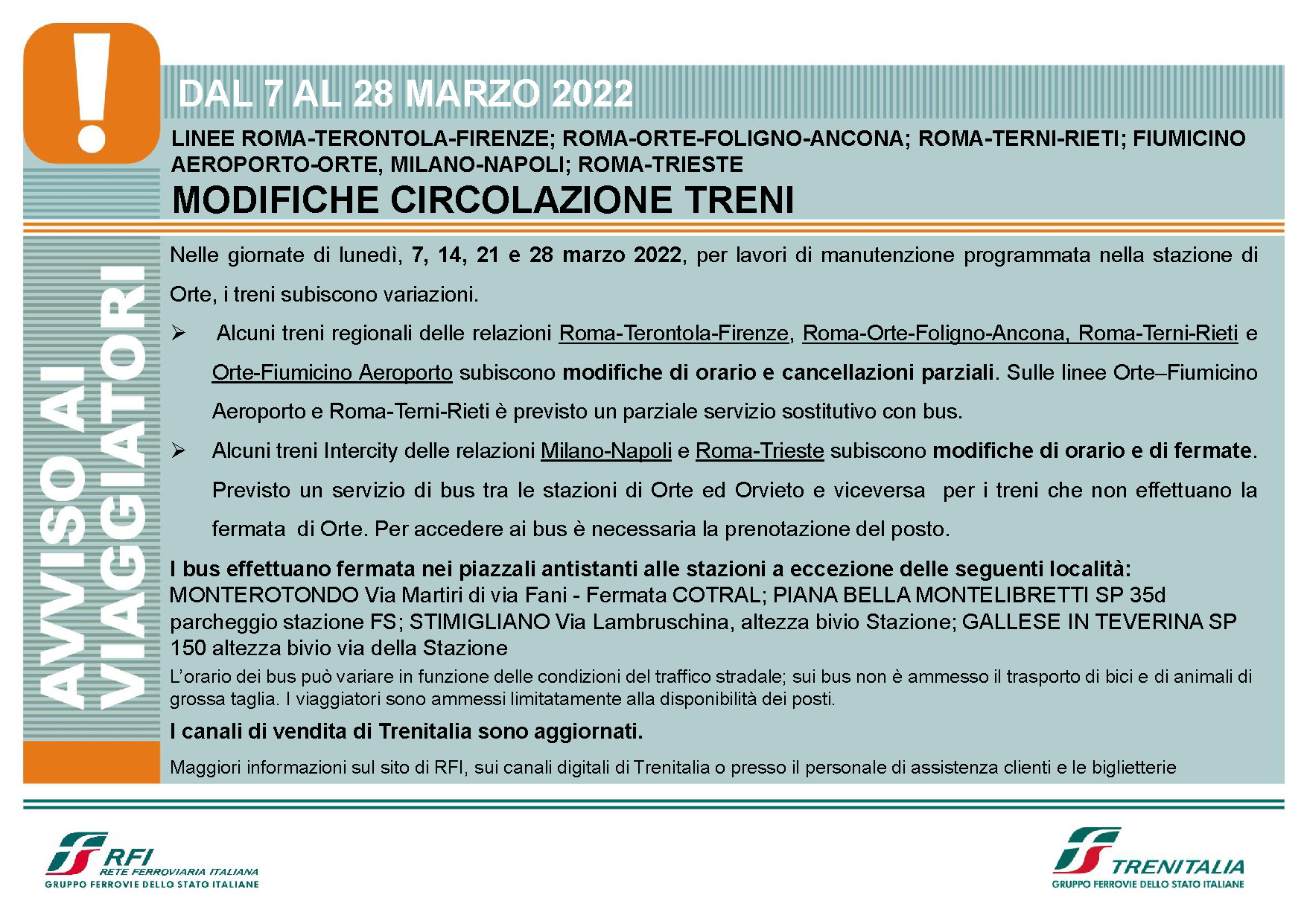 Modifiche circolazione treni dal 7 al 28 marzo 2022